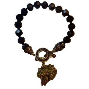 Heidi Daus Crystal Frog Toggle Bracelet Black Faceted Beads Gold Tone w Pouch